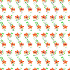 Fototapeta na wymiar Autumn fall season seamless pattern of decorative orange flowers and green branches. Watercolor hand painted isolated illustration on white background.