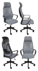 Grey office chair with mesh back. Isolated from the background. View from different sides