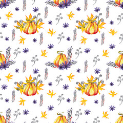 Autumn fall seamless pattern of  decorative orange pumpkins, maple leaves, violet flowers, fir  and twisted branches. Watercolor hand painted isolated illustration on white background.