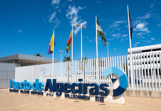 Algeciras, Spain. 3rd September 2022.  The welcome to Puerto de Algeciras (Port of Algeciras) logo sign with flag poles behind, which is situated near the main foot passenger entrance.
