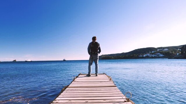 Rear view of man on wooden pier looking at sea