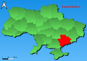 Obraz premium Vector Map of Ukraine with map of Zaporizhzhya county highlighted in red