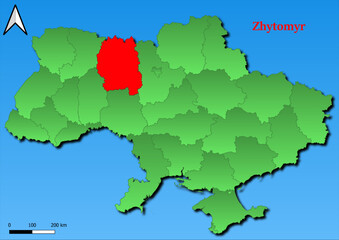 Vector Map of Ukraine with map of Zhytomyr  county highlighted in red