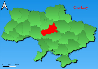 Vector Map of Ukraine with map of Cherkasy county highlighted in red