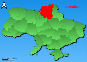 Vector Map of Ukraine with map of Chernihiv  county highlighted in red