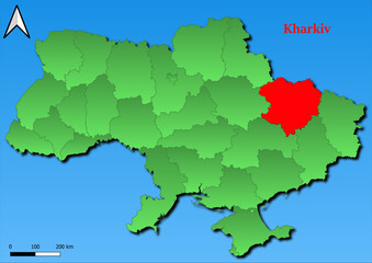 Vector Map of Ukraine with map of Kharkiv county highlighted in red