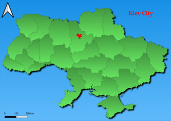 Obraz premium Vector Map of Ukraine with map of Kiev City highlighted in red