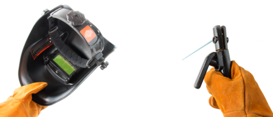 A gloved hand holds a welding mask and a holder with an electrode, on an isolated background