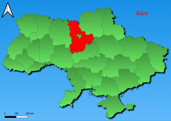 Fototapeta premium Vector Map of Ukraine with map of Kiev county highlighted in red