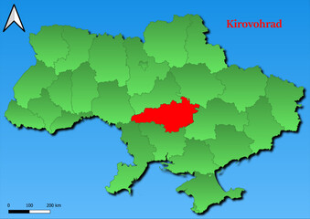 Vector Map of Ukraine with map of Kirovohrad  county highlighted in red