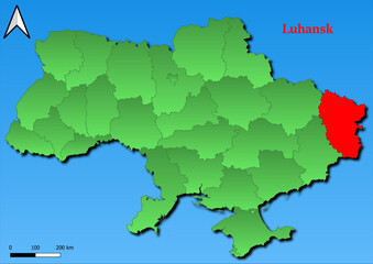 Vector Map of Ukraine with map of Luhansk county highlighted in red