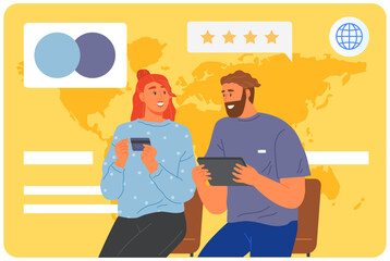 People rate credit card, means of payment. Bank card for money transactions and funds transfer. Item for cashless, contactless payment. Man and woman with gadgets evaluate work of online banking