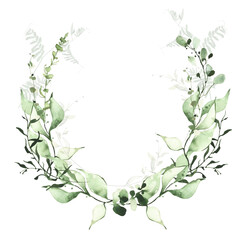 Watercolor greenery frame on white background. Light green, emerald wild branches, leaves and twigs wreath.