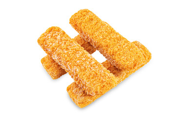 Fresh prepared fish sticks on a white isolated background