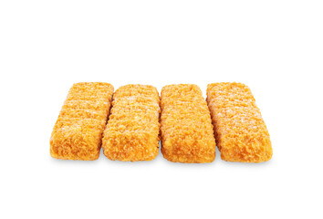 Fresh prepared fish sticks on a white isolated background