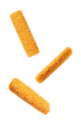Fresh prepared fish sticks on a white isolated background