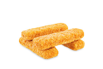 Fresh prepared fish sticks on a white isolated background
