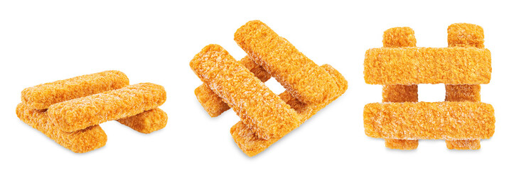 Fresh prepared fish sticks on a white isolated background