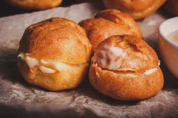 Custard buns with cream close-up