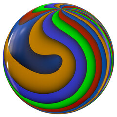 A 3D illustration of a colourful striped glass marble