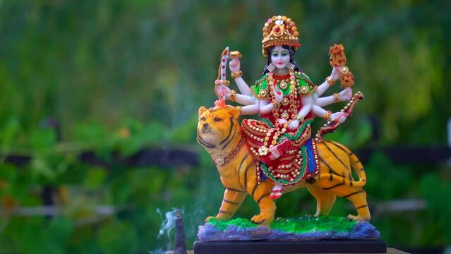 Goddess Durga with traditional look in close up view. Durga Puja Idol, A biggest Hindu Navratri festival in India