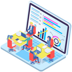 Fototapeta premium Business people communicating in office discuss statistics, analyze different charts and graphs. Financial accounting concept. Organization process, analytics, planning, report, market analysis