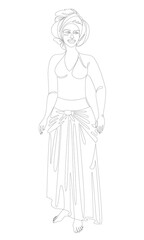 Silhouette of a beautiful girl. Lady in a turban and national clothes. Woman in modern one line style. Solid line, decor outline, posters, stickers, logo. Vector illustration.