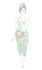 Silhouette of a beautiful girl. Lady in a turban and national clothes. Woman in modern one line style. Solid line, decor outline, posters, stickers, logo. Vector illustration.