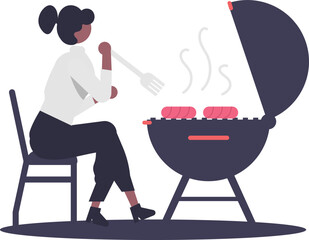 Girl doing Barbeque and sitting on chair.