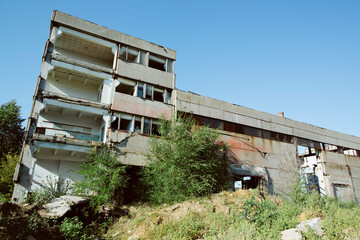 destroyed walls and internal structures of the old factory. nature prevails over the created man
