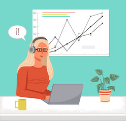 Woman works with statistics diagrams and explores it uses laptop. Manager doing report with business data. Analyst prepare for presentation. Business analytics graphs on board, strategy planning