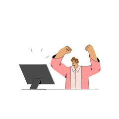 Happy employee rejoicing victory, success at computer desk.