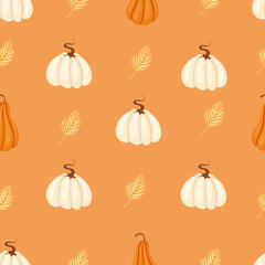 Autumn hand drawn seamless pattern with seasonal elements on orange background. Great for fabric, wallpaper, textile, packaging. Vector illustration.