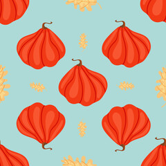 Autumn seamless pattern with cozy pumpkins and seasonal elements on a blue background.Hand drawn autumn pumpkins. Texture for scrapbooking, wrapping paper, invitations.