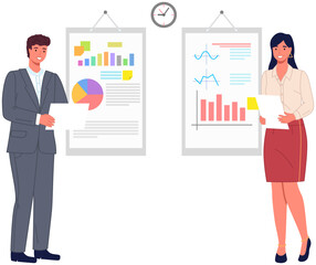 Business people communicating in office discuss statistics, analyze different charts and graphs. Financial accounting concept. Organization process, analytics, planning, report, market analysis