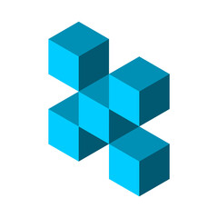 Obraz premium 5 isometric cubes make a 3D geometric shape. Blue boxes make letter X. Abstract polygon object. Puzzle game pieces make a unity. Typography symbol made of block elements. Vector illustration, clip art