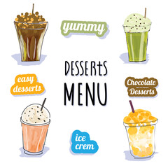 Set of different sweet desserts in glasses. Vector illustration