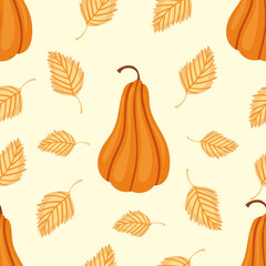Autumn seamless pattern with cozy pumpkins and seasonal elements on white background.Hand drawn autumn pumpkins. Texture for scrapbooking, wrapping paper, invitations.