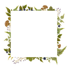 Natural botanical frame with forest green leaves and mushrooms isolated on transparent background. Hand drawn border template
