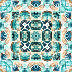 Teal beach house coastal style patchwork pattern tile. Modern nantucket summer printed fabric seamless repeat.
