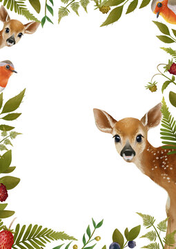 Woodland animals with autumn forest leaves isolated on transparent background. Border with fawns, cute deers, birds and greenery, perfect for thanksgiving day design, decoration, prints © TaninoPic