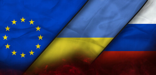 Ukraine, european union, Russia textile flag. Abstract international political relationship friendship gas conflicts concept texture wallpaper. 3d illustration.