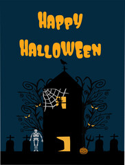 Happy Halloween concept vector. Skeleton, pumpkin, cemetery and house. Vertical design can be used as social media post, website banner, poster, brochure, greeting card, flyer.