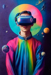 Portrait of a man wearing a cyberpunk headset, virtual glasses, and cyberpunk gear. A high-tech futuristic man from the future.