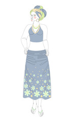 Silhouette of a beautiful girl. Lady in a turban and national clothes. Woman in modern one line style. Solid line, decor outline, posters, stickers, logo. Vector illustration.