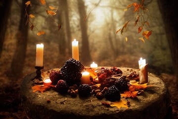 Candle, autumn leaves, fruits, berries, nuts in mysterious forest Wiccan altar for Mabon sabbat autumn equinox holiday Witchcraft, esoteric spiritual ritual , anime style - obrazy, fototapety, plakaty