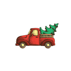 Dotwork vector illustration for christmas card. Handdrawn old red retro pickup truck. Christmas tree in the trunk of a vintage truck. Gift for the new year.