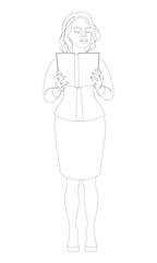Silhouettes of girls in a modern one line style. Woman teacher reads a book. Continuous line, decor aesthetic outline, posters, wall art, stickers, logo. Vector illustration.