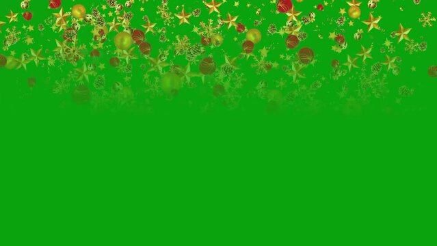 Golden christmas item particles transition on a green screen.  Christmas star, snowflake and christmas ball transition with key color. Christmas and New year transition. Chroma key, 4K video