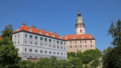 A view to the famous castle with new facade at Cesky Krumlov, Czech republic